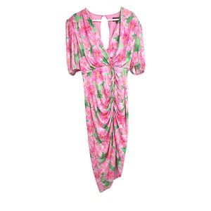Alexia Admor Women's Floral Fern Puff Sleeve V Neck Draped Dress Pink Green M